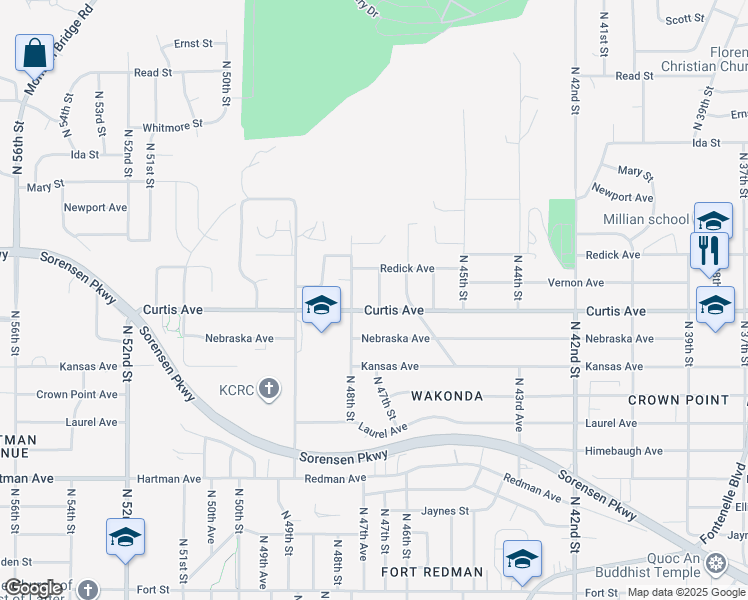 map of restaurants, bars, coffee shops, grocery stores, and more near 6305 North 48th Street in Omaha