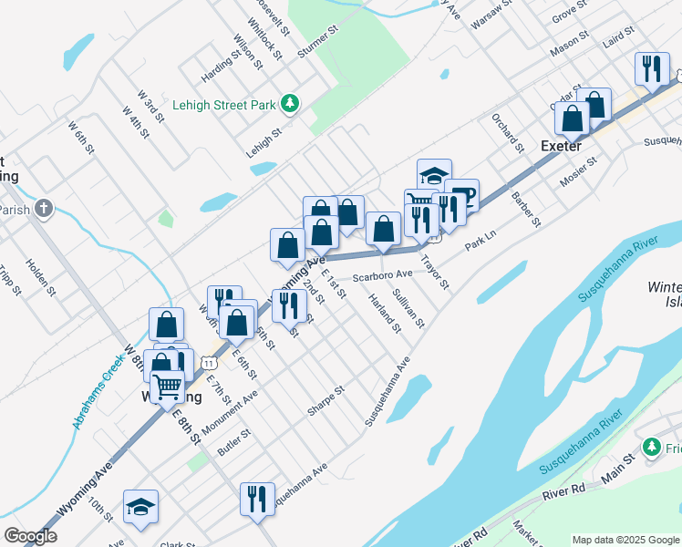 map of restaurants, bars, coffee shops, grocery stores, and more near 1933 Wyoming Ave in Exeter