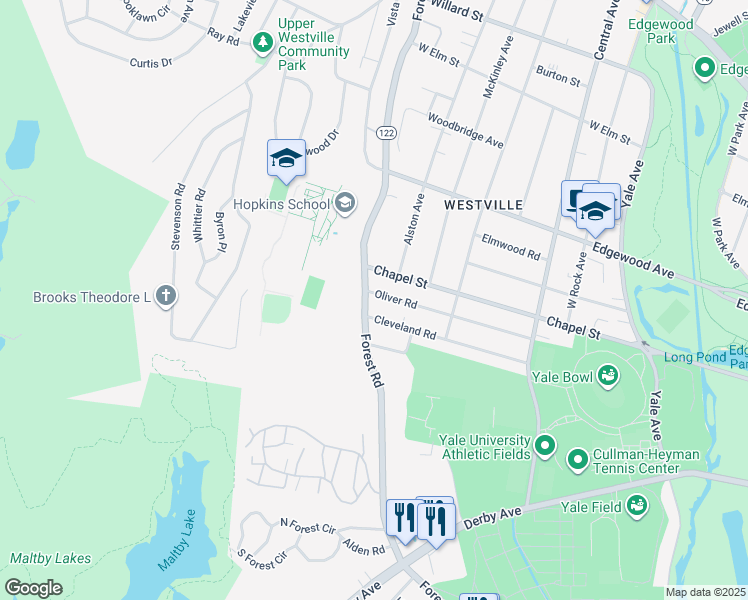 map of restaurants, bars, coffee shops, grocery stores, and more near 362 Oliver Road in New Haven