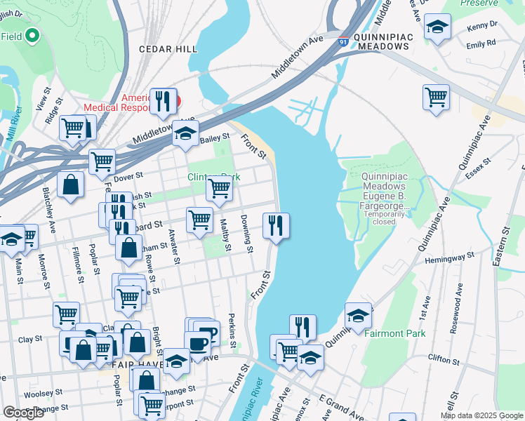 map of restaurants, bars, coffee shops, grocery stores, and more near 6 Lombard Street in New Haven