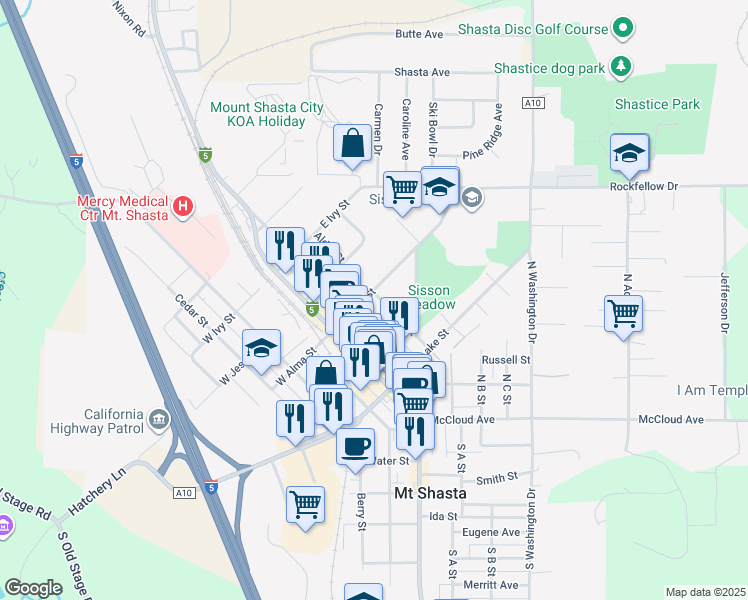 map of restaurants, bars, coffee shops, grocery stores, and more near 427 Alder Street in Mount Shasta