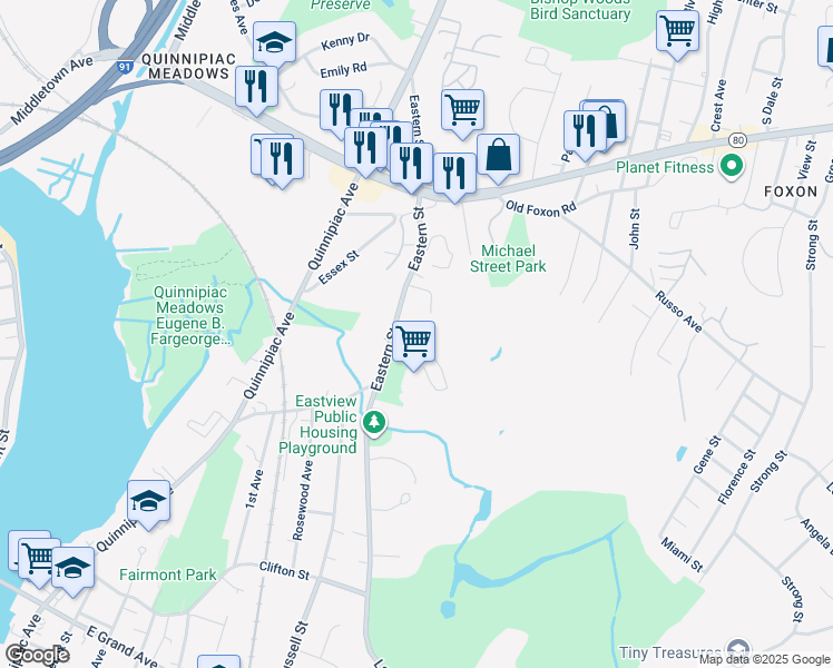 map of restaurants, bars, coffee shops, grocery stores, and more near 321 Eastern Street in New Haven