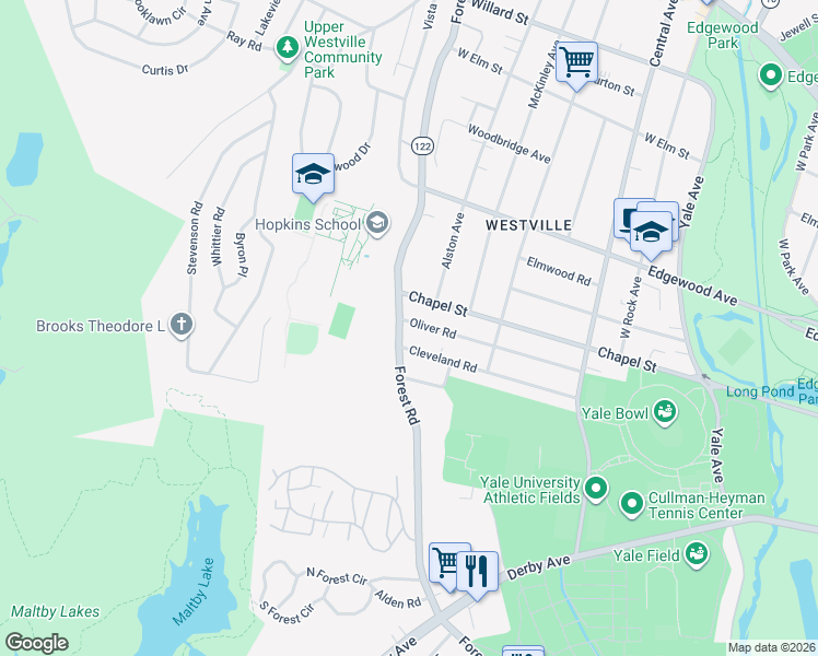 map of restaurants, bars, coffee shops, grocery stores, and more near 362 Oliver Road in New Haven