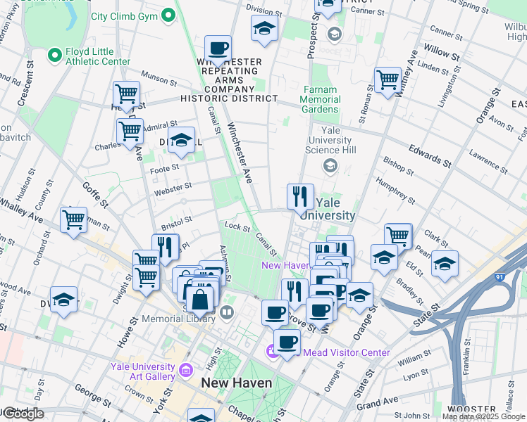 map of restaurants, bars, coffee shops, grocery stores, and more near 100 Sachem Street in New Haven