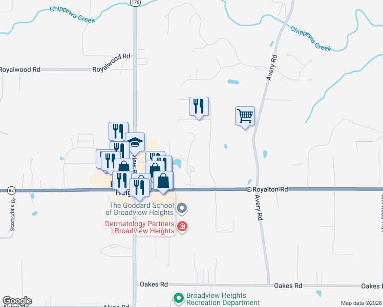 map of restaurants, bars, coffee shops, grocery stores, and more near 1709 Stoney Run Circle in Broadview Heights