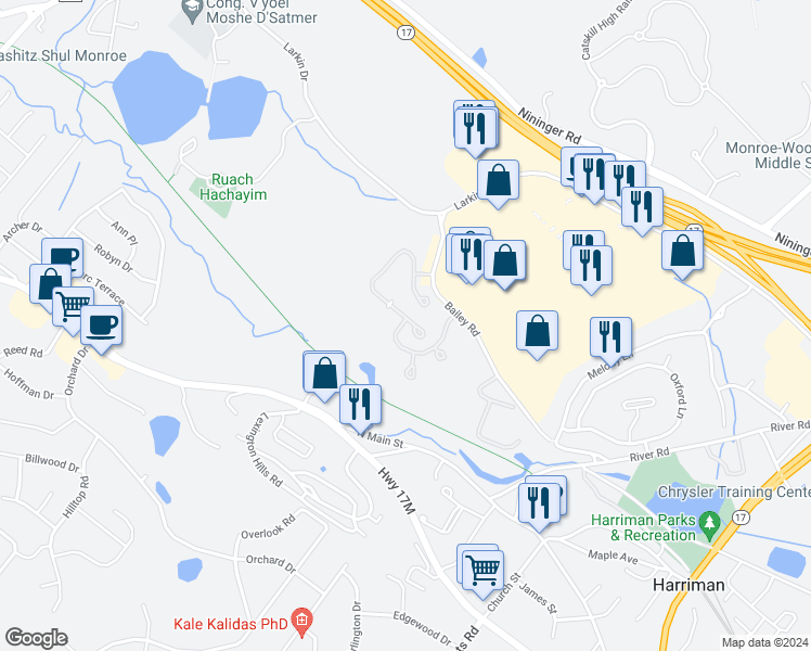map of restaurants, bars, coffee shops, grocery stores, and more near 18 Gillian Court in Monroe