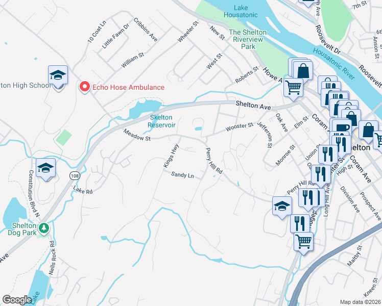 map of restaurants, bars, coffee shops, grocery stores, and more near 37 Huntington Heights in Shelton
