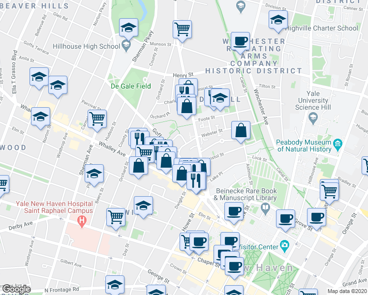 map of restaurants, bars, coffee shops, grocery stores, and more near 104 Webster Street in New Haven
