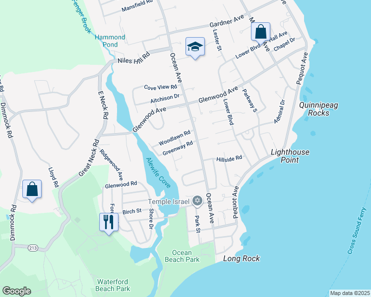 map of restaurants, bars, coffee shops, grocery stores, and more near 22 Greenway Road in New London