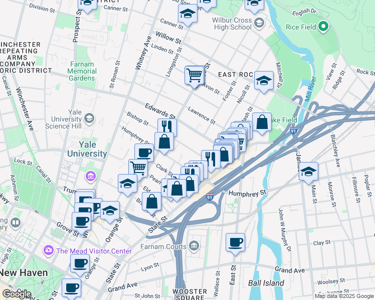 map of restaurants, bars, coffee shops, grocery stores, and more near 88 Bishop Street in New Haven