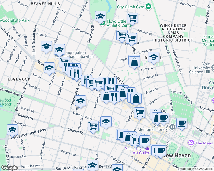 map of restaurants, bars, coffee shops, grocery stores, and more near 88 Dickerman Street in New Haven