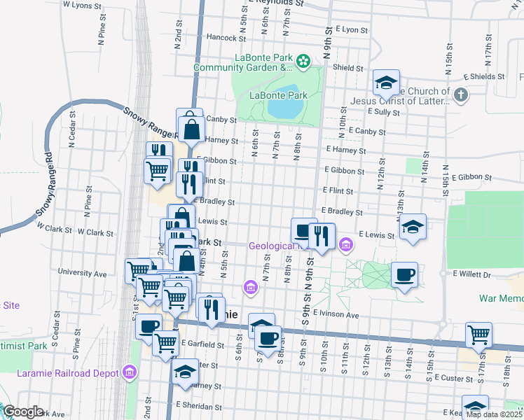 map of restaurants, bars, coffee shops, grocery stores, and more near 460 North 7th Street in Laramie