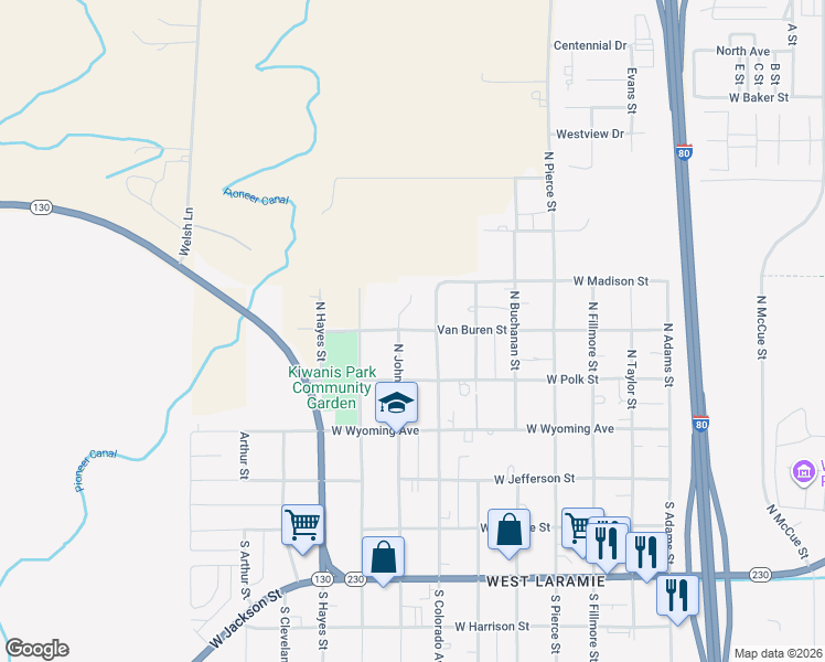 map of restaurants, bars, coffee shops, grocery stores, and more near 2164 West Van Buren Street in Laramie