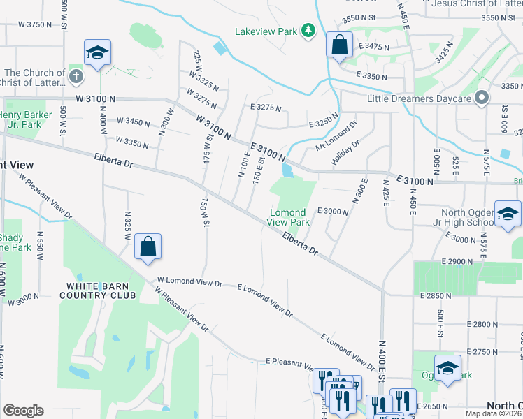 map of restaurants, bars, coffee shops, grocery stores, and more near 160 East Elberta Drive in Ogden