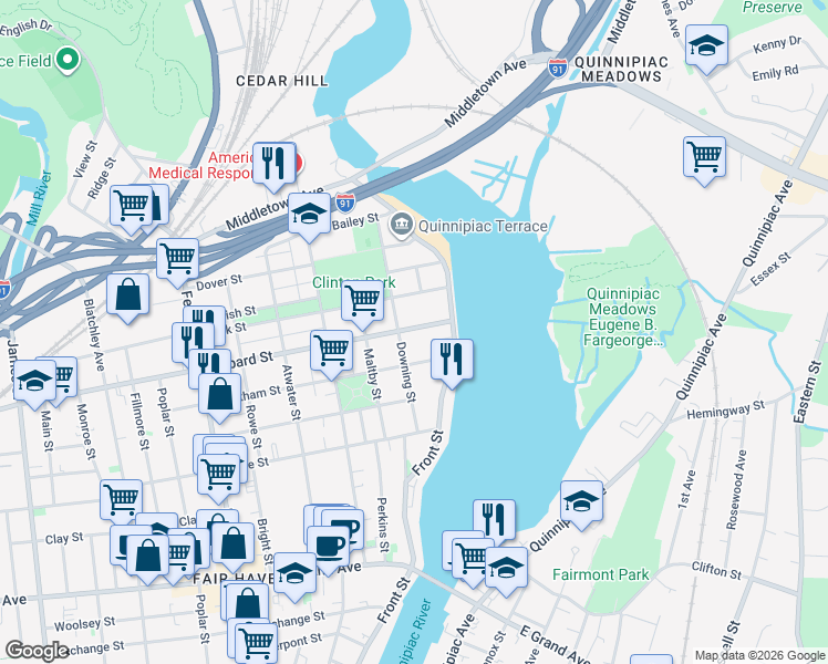 map of restaurants, bars, coffee shops, grocery stores, and more near 6 Lombard Street in New Haven