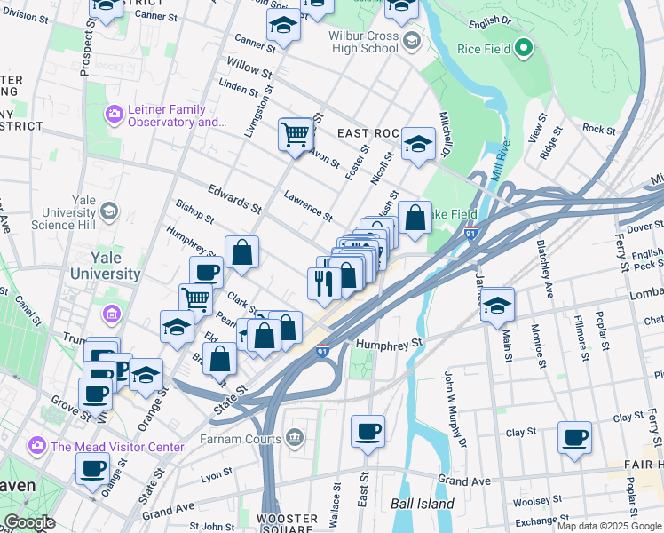 map of restaurants, bars, coffee shops, grocery stores, and more near 47 Bishop Street in New Haven