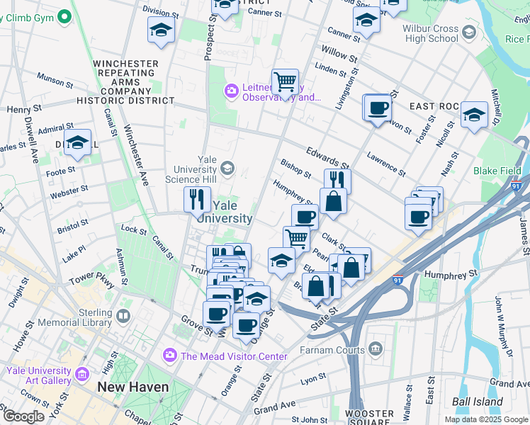 map of restaurants, bars, coffee shops, grocery stores, and more near 205 Whitney Avenue in New Haven