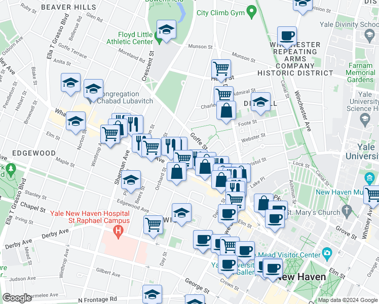 map of restaurants, bars, coffee shops, grocery stores, and more near 72 Dickerman Street in New Haven