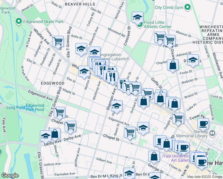 map of restaurants, bars, coffee shops, grocery stores, and more near 679 Elm Street in New Haven