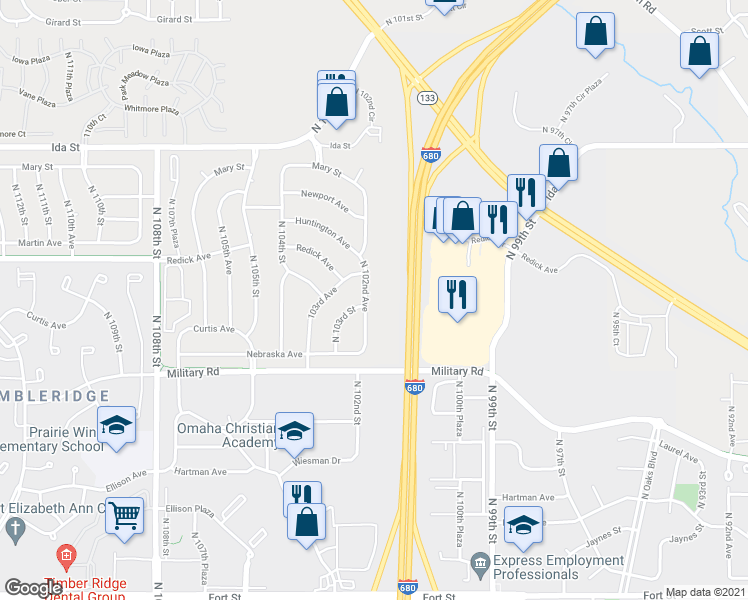 map of restaurants, bars, coffee shops, grocery stores, and more near 6313 North 102nd Avenue in Omaha