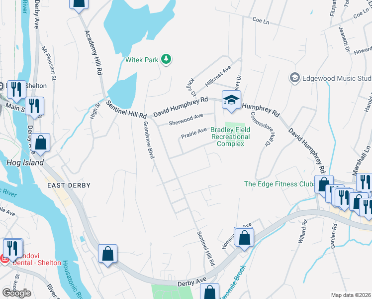 map of restaurants, bars, coffee shops, grocery stores, and more near 16 Pleasant View Road in Derby