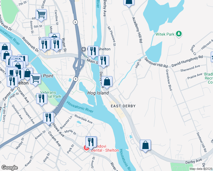 map of restaurants, bars, coffee shops, grocery stores, and more near 17 Bank Street in Derby