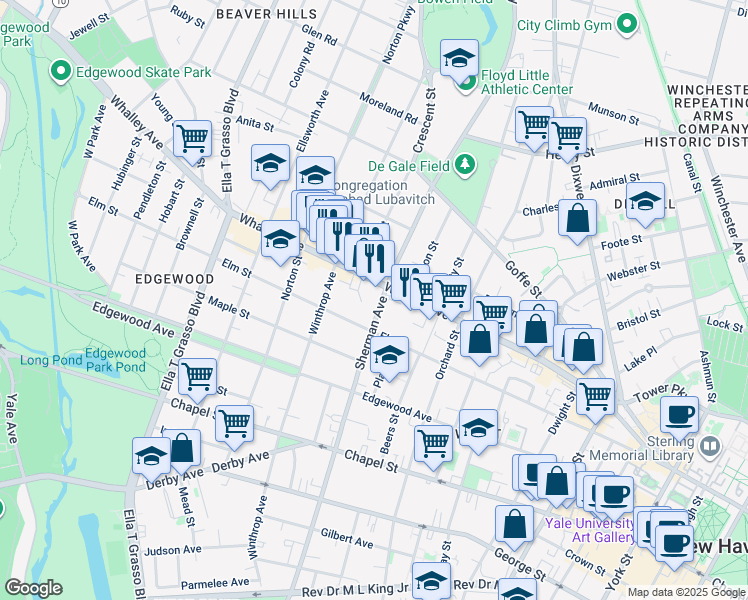map of restaurants, bars, coffee shops, grocery stores, and more near 290 Sherman Avenue in New Haven