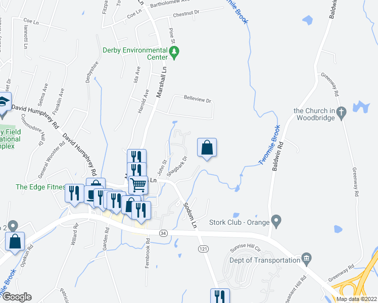 map of restaurants, bars, coffee shops, grocery stores, and more near 271 Shagbark Drive in Derby
