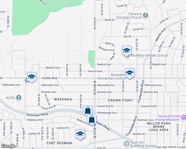 map of restaurants, bars, coffee shops, grocery stores, and more near 6304 North 42nd Street in Omaha
