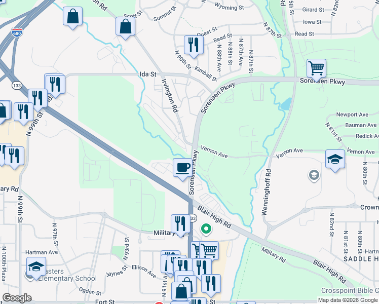 map of restaurants, bars, coffee shops, grocery stores, and more near 6401 North 91st Circle in Omaha