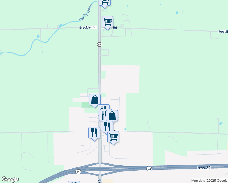 map of restaurants, bars, coffee shops, grocery stores, and more near 8683 Ohio 66 in Defiance