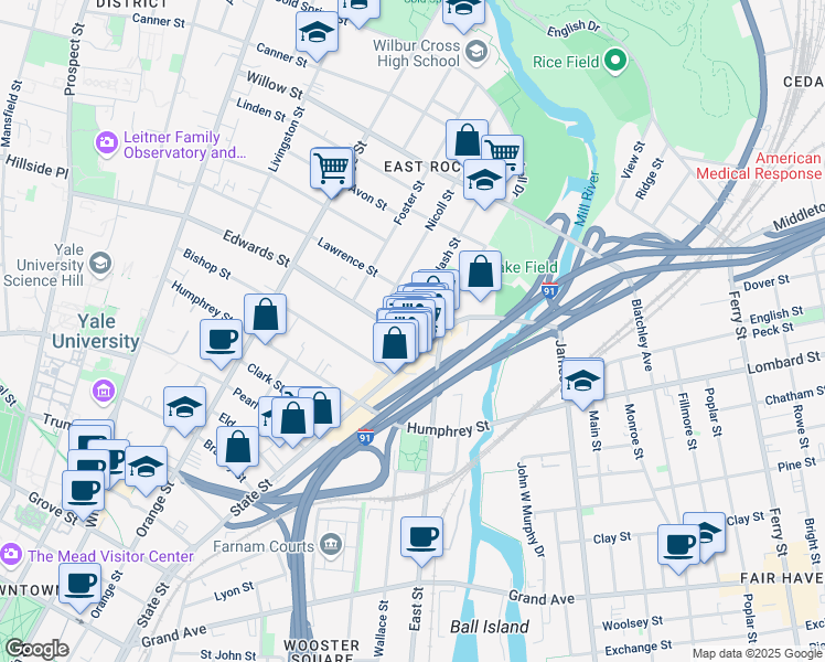 map of restaurants, bars, coffee shops, grocery stores, and more near 24 Edwards Street in New Haven