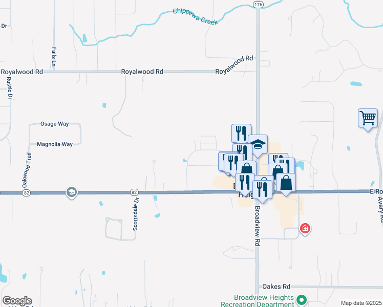 map of restaurants, bars, coffee shops, grocery stores, and more near 1437 Seneca Boulevard in Broadview Heights