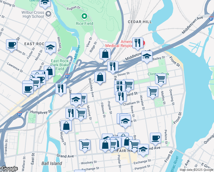 map of restaurants, bars, coffee shops, grocery stores, and more near 297 Peck Street in New Haven