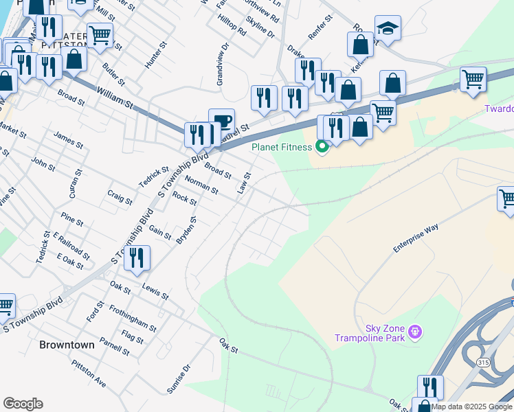 map of restaurants, bars, coffee shops, grocery stores, and more near 67-77 Norman St in Pittston