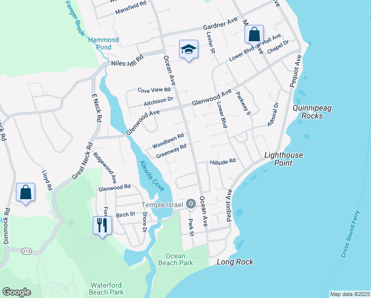 map of restaurants, bars, coffee shops, grocery stores, and more near 22 Greenway Road in New London