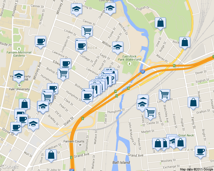 map of restaurants, bars, coffee shops, grocery stores, and more near in New Haven