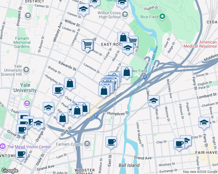 map of restaurants, bars, coffee shops, grocery stores, and more near 24 Edwards Street in New Haven