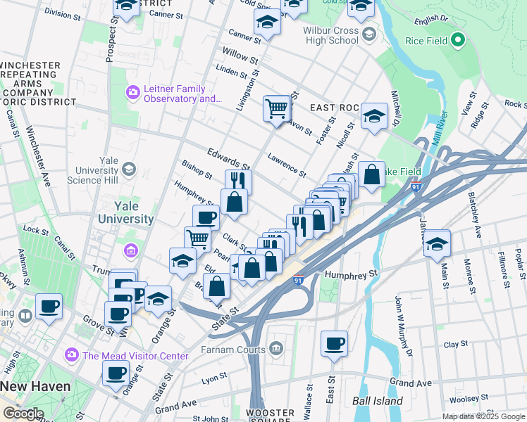 map of restaurants, bars, coffee shops, grocery stores, and more near 78 Bishop Street in New Haven