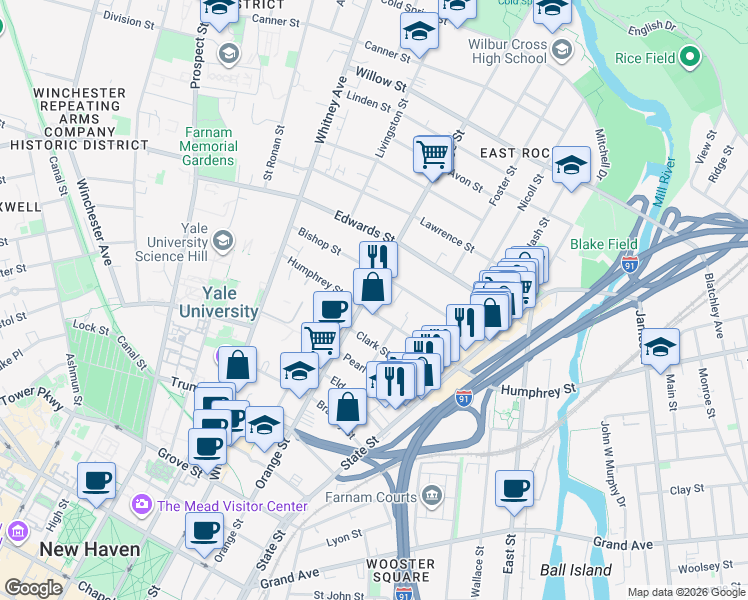 map of restaurants, bars, coffee shops, grocery stores, and more near 343 Humphrey Street in New Haven