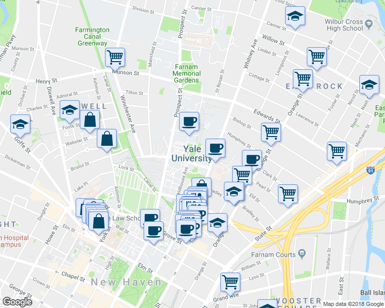 map of restaurants, bars, coffee shops, grocery stores, and more near in New Haven