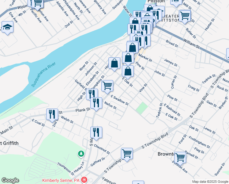 map of restaurants, bars, coffee shops, grocery stores, and more near 228 South Main Street in Pittston