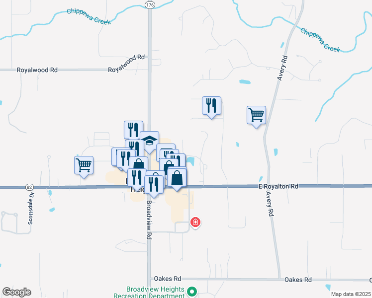 map of restaurants, bars, coffee shops, grocery stores, and more near 2507 Stoney Run Trail in Broadview Heights