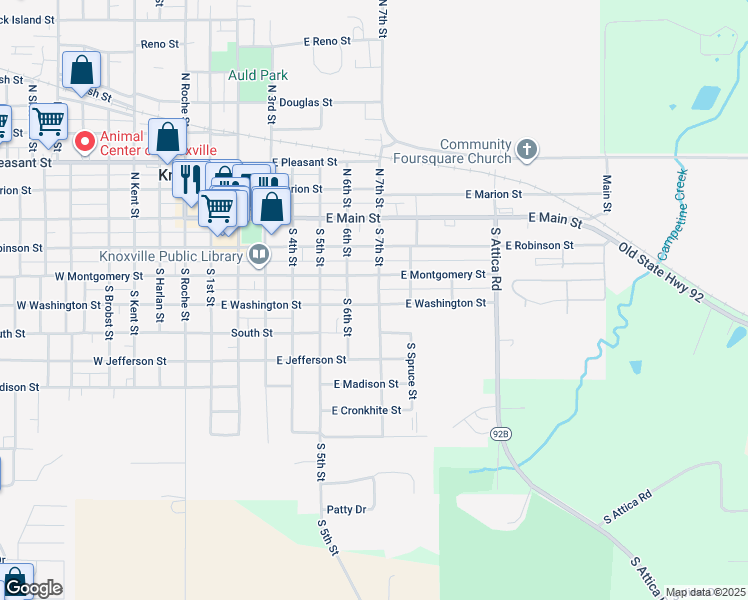 map of restaurants, bars, coffee shops, grocery stores, and more near 704 East Washington Street in Knoxville
