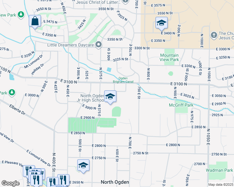 map of restaurants, bars, coffee shops, grocery stores, and more near 663 East 3050 North in Ogden