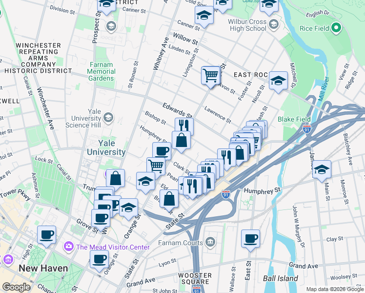 map of restaurants, bars, coffee shops, grocery stores, and more near 343 Humphrey Street in New Haven