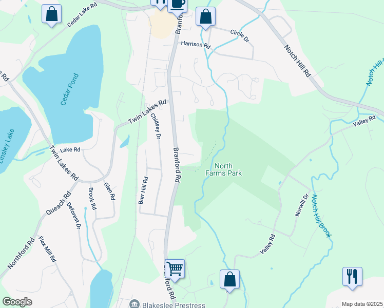 map of restaurants, bars, coffee shops, grocery stores, and more near 167 Branford Road in North Branford