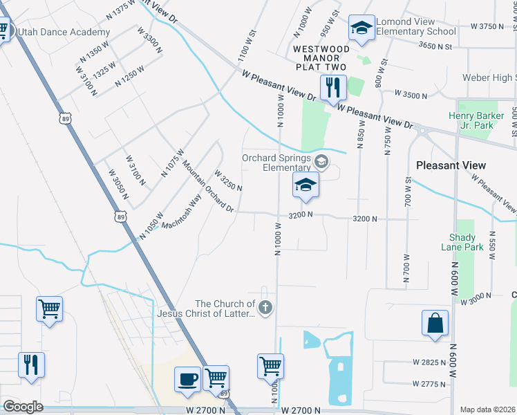 map of restaurants, bars, coffee shops, grocery stores, and more near 1016 Mountain Orchard Drive in Pleasant View