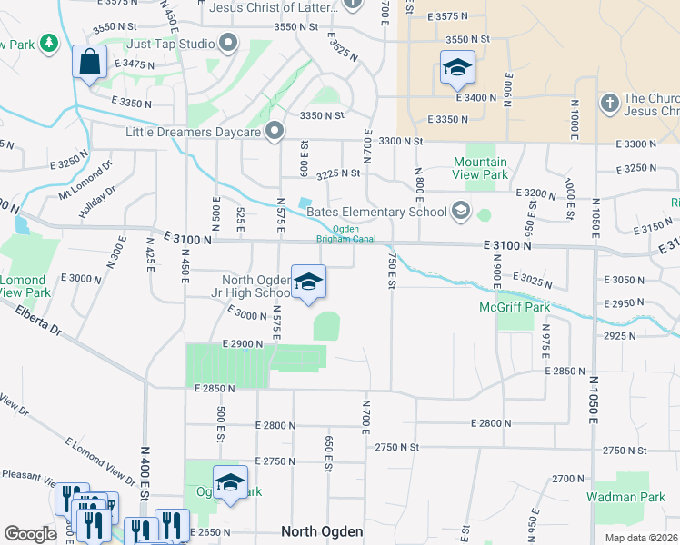 map of restaurants, bars, coffee shops, grocery stores, and more near 679 East 3050 North in North Ogden