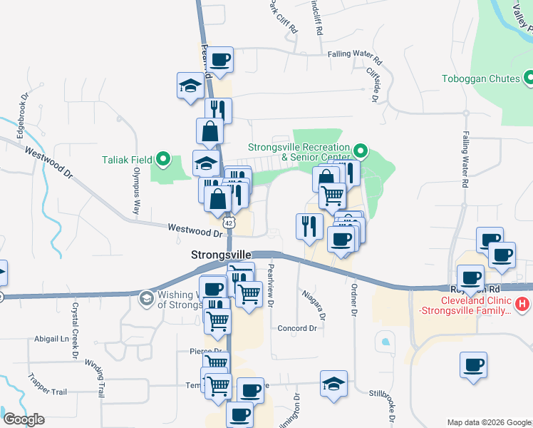 map of restaurants, bars, coffee shops, grocery stores, and more near 18600 Royalton Road in Strongsville